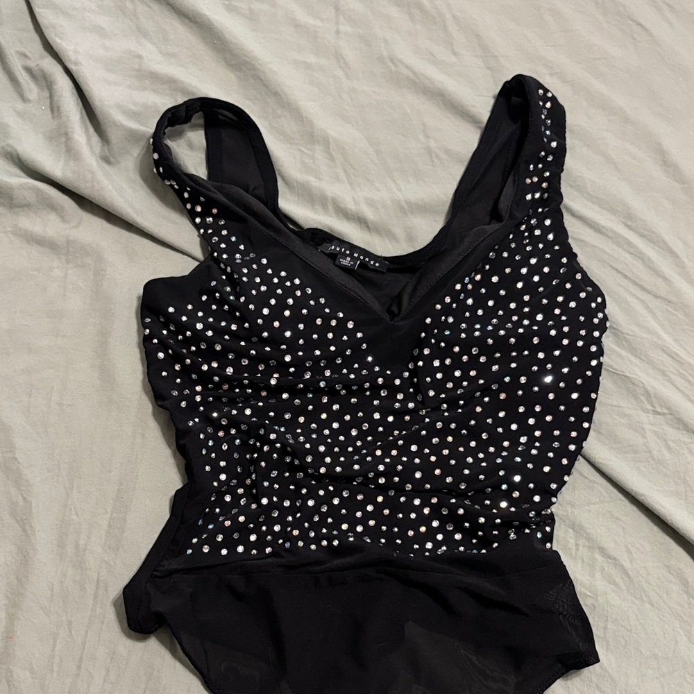 Black Sleeveless bodysuit with Silver gems